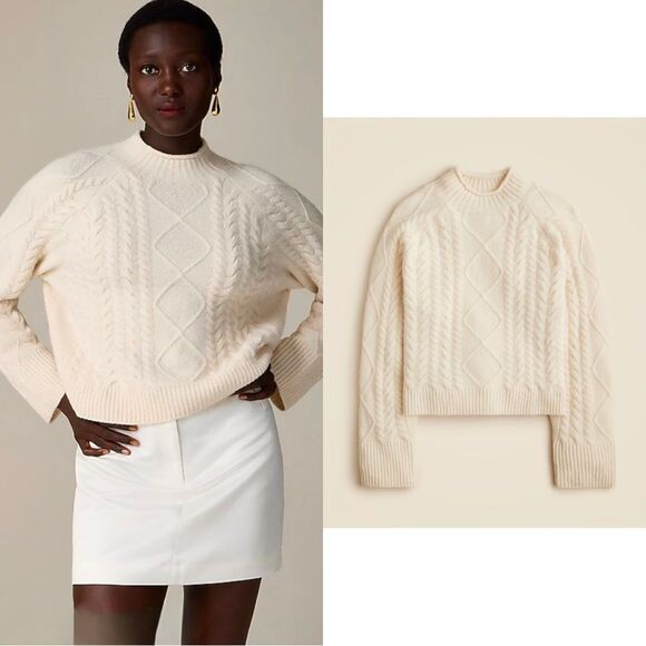 J CREW Cable-knit Rollneck Wool Alpaca sweater in Supersoft yarn Heather Ivory - Picture 1 of 9